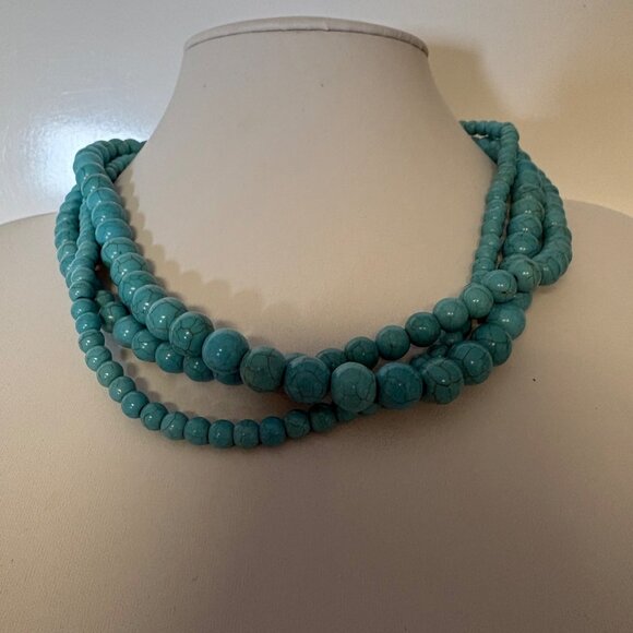 Faux Turquoise Beaded Multi-Strand Necklace Boho Chic Statement Chunky - Picture 6 of 8